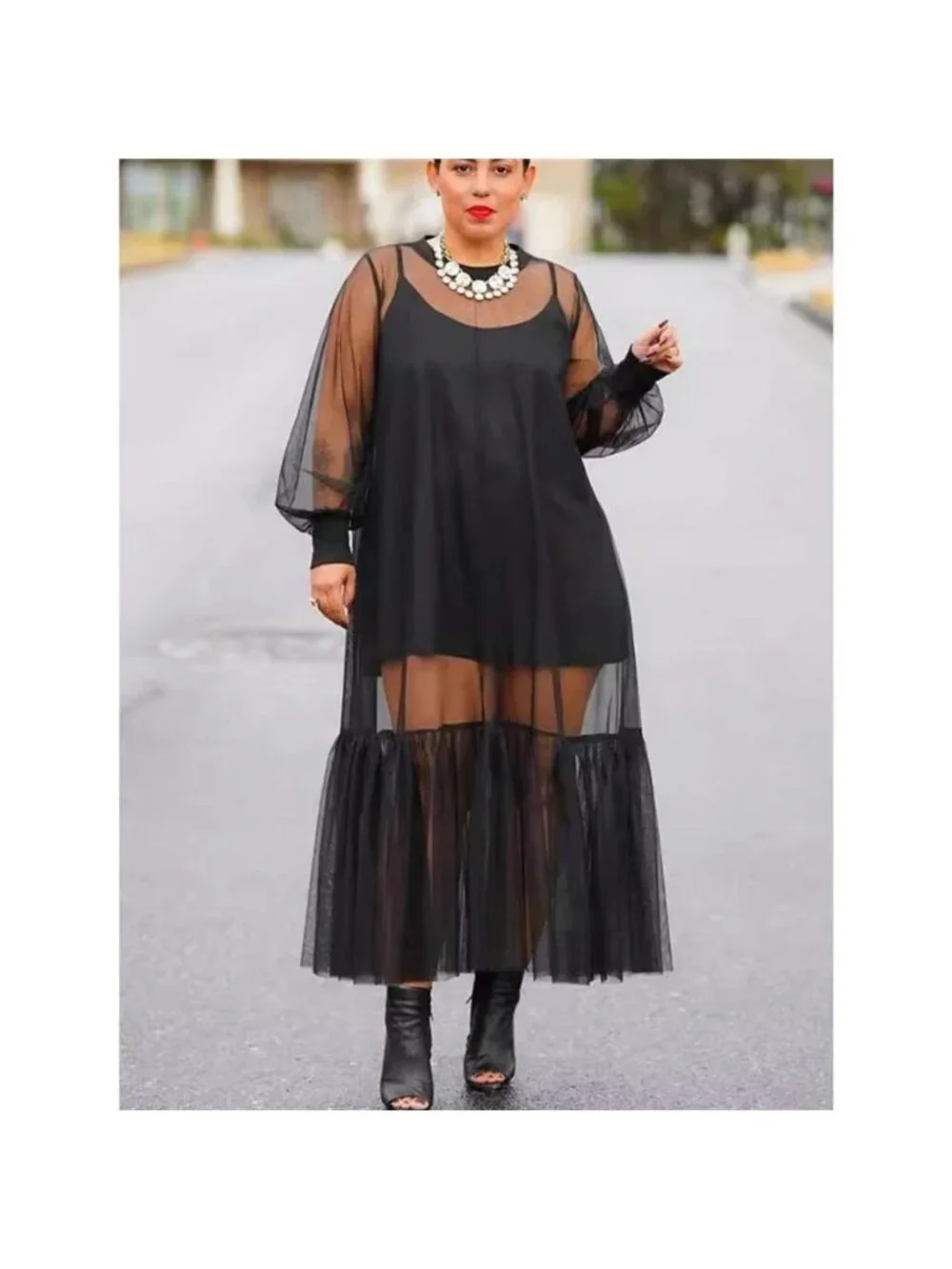 Scoop Neck Cami Dress and Sheer Mesh Dress Set - Picture 2 of 4